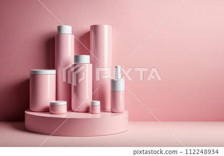 Description: Various sized blank pink beauty product containers on a circular pedestal against a matching pink backdrop Description: Various sized blank pink beauty product containers on a circular pedestal against a matching pink backdrop 112248934