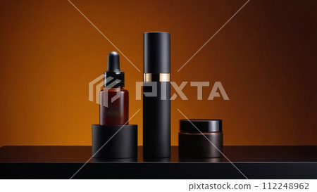 Black skin care products on a dark round podium stand with copy space and place for text, mockup, template, on a black to gray gradient background Black skin care products on a dark round podium stand with copy space and place for text, mockup, template, on a black to gray gradient background 112248962