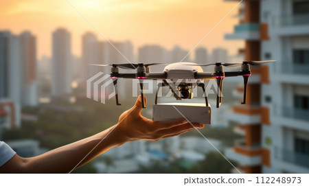 Close-up shot of a person's hands receiving a food delivery from a drone right outside their apartment window, high-rise buildings in the background, warm lighting 112248973