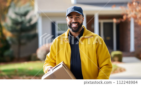 A cheerful delivery man in a yellow uniform with a cap smiles, holding a package, ready to make a doorstep delivery in a residential area 112248984