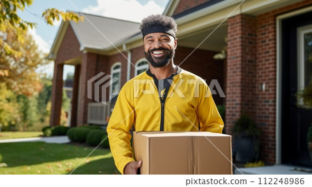 A cheerful delivery man in a yellow uniform with a cap smiles, holding a package, ready to make a doorstep delivery in a residential area 112248986