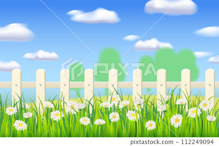 Spring banner green grass, daisy flowers, white fence 112249094