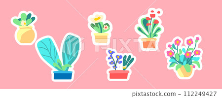 Sticker set of spring indoor plants. Flowers and leaves in the pot. Flowering plants. Blooming flowers and foliage. Flat graphic vector illustration on white background. Colorful hand drawn 112249427