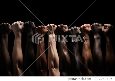 Group of people with raised hands in a row on a black background. 112249486
