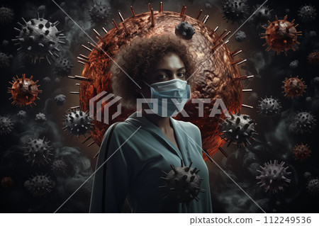 Portrait of a beautiful African American woman wearing a medical mask and looking at the camera while standing against a background of viruses 112249536