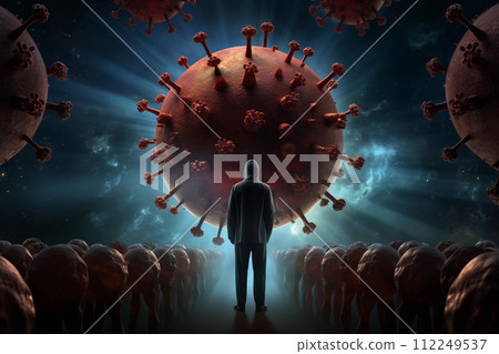Conceptual image of a man standing in front of virus cells 112249537