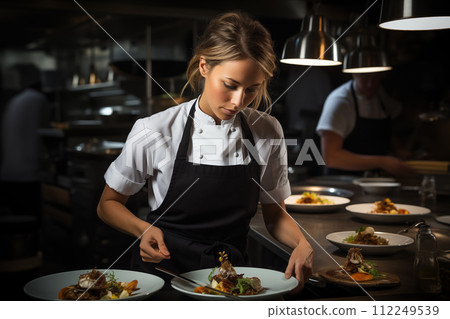 portrait of beautiful young waitress serving dishes in restaurant kitchen at night 112249539