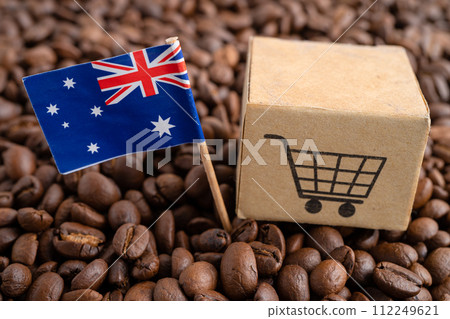 Australia flag with shopping cart on coffee bean, import export trade online commerce. Australia flag with shopping cart on coffee bean, import export trade online commerce. 112249621