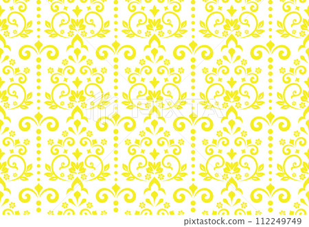 Floral pattern. Vintage wallpaper in the Baroque style. Seamless vector background. White and yellow ornament for fabric, wallpaper, packaging. Ornate Damask flower ornament 112249749