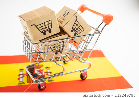 Box with shopping online cart logo and Spain flag, Import Export Shopping online or commerce finance delivery service store product shipping, trade, supplier. 112249795