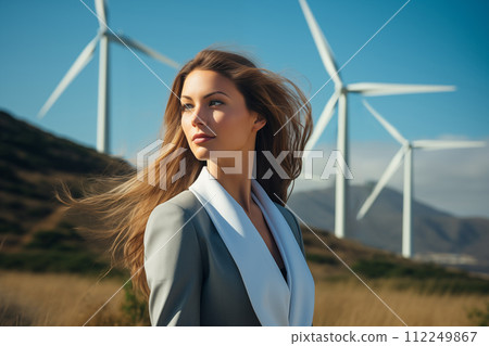 Portrait of a beautiful young woman with wind turbines in the background 112249867