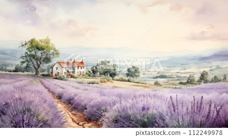 Lavender fields countryside watercolor painting 112249978