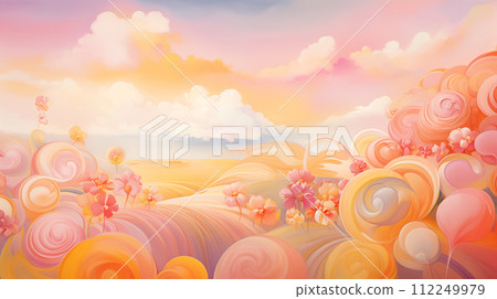 Vibrant digital illustration of a whimsical, pastel-colored landscape with candy-inspired elements 112249979