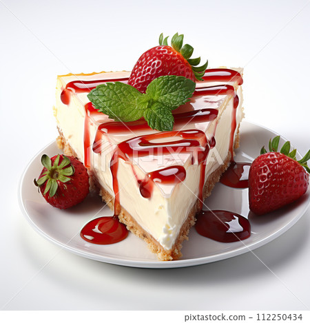 AI-generated content. Delicious dessert, strawberry cheesecake on a white background. 112250434