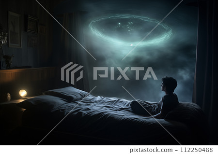 Mystical portal above bed with awestruck observer 112250488