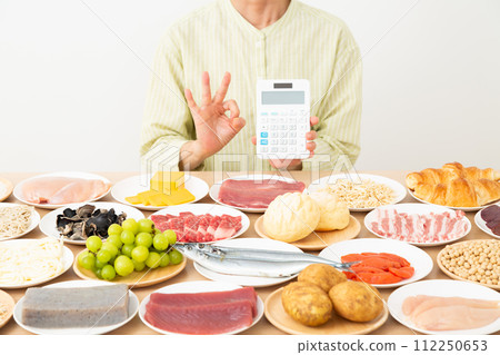 一名中年婦女拿著各種配料和計算器,做一個圓圈標誌 一名中年婦女拿著各種配料和計算器,做一個圓圈標誌 112250653