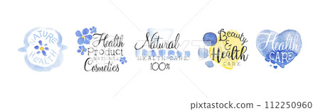 Natural Beauty Cosmetic Product Promo Sign Colorful Vector Set 112250960
