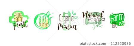 Green Bio Farm Product and Fresh Local Market Food Label Vector Set 112250986