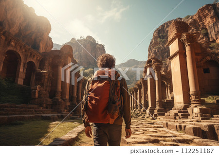 Adventurous traveler exploring ancient ruins Adventurous traveler exploring ancient ruins 112251187