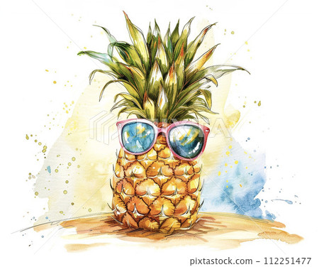 Watercolor painting of a yellow pineapple wearing sunglasses AI image 112251477