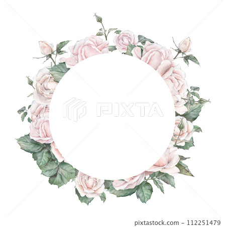 Watercolor invitation design with light cream roses and leaves. Botanical watercolor illustration flower. Template with floral elements. Wreath or round frame hand draw on isolated background 112251479