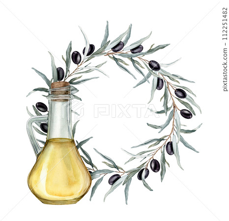 Watercolor olive branch round wreath with black fruit and green leaves. Olive oil in glass bottle. Hand drawn illustration natural circle frame isolated on background. Design for menu card. 112251482