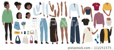 Woman character elements constructor mega set in flat graphic design. Creator kit with african american female, body legs and arms, hairstyles heads, clothes and accessories. Vector illustration. 112251573