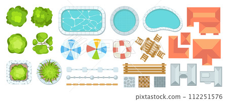 Top view park elements constructor mega set in flat graphic design. Creator kit with green trees, pools, umbrellas, fences, wooden furniture, building roofs, road tails, other. Vector illustration. 112251576
