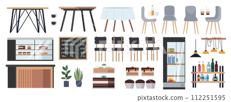 Restaurant interior elements constructor mega set in flat graphic design. Creator kit with cafe tables and chairs, coffee cups, drinks, showcase with desserts, pastry, counter. Vector illustration. Restaurant interior elements constructor mega set in flat graphic design. Creator kit with cafe tables and chairs, coffee cups, drinks, showcase with desserts, pastry, counter. Vector illustration. 112251595
