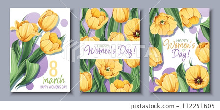 Set of Greeting Cards for International Women s Day. Poster with yellow tulips for March 8th. Vector template with spring bouquet 112251605