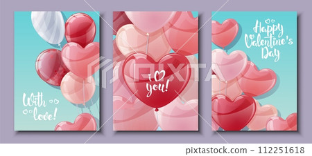 Set of cards for Valentine s Day and Mother s Day. Poster, banner with balloons on a blue background. Background with flying helium balloons in the shape of hearts. 112251618