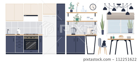 Kitchen interior elements constructor mega set in flat graphic design. Creator kit with cooking furnishing, tables, chairs, shelves, oven, stove, refrigerator, domestic appliance. Vector illustration. 112251622