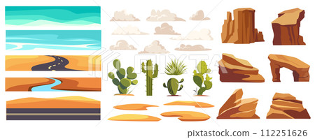 Desert landscape elements constructor mega set in flat graphic design. Creator kit with sandy spaces and sky, roads, dunes, clouds, green actus, rock mountains, dry climate. Vector illustration. Desert landscape elements constructor mega set in flat graphic design. Creator kit with sandy spaces and sky, roads, dunes, clouds, green actus, rock mountains, dry climate. Vector illustration. 112251626
