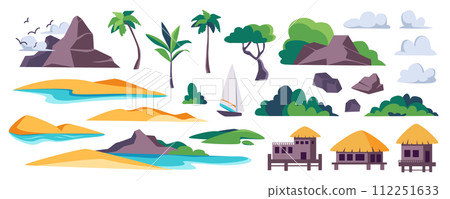 Island beach elements constructor mega set in flat graphic design. Creator kit with stone rock mountains, bungalows, sandy coasts, tropical palm trees, bushes, clouds, sailboat. Vector illustration. 112251633