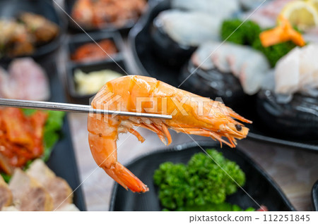 korea Seafood. Cooked shrimp. Ripe prawn 112251845