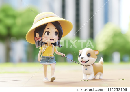 Young woman walking a dog in the park Young woman walking a dog in the park 112252106