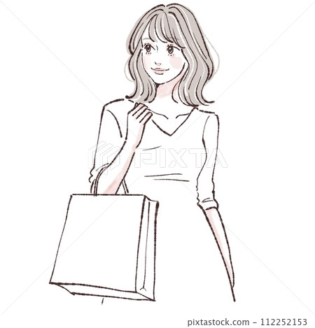 Illustration of a woman/girl doing shopping/shopping/bargain/sale/first sale/lucky bag/shop bag/ 112252153