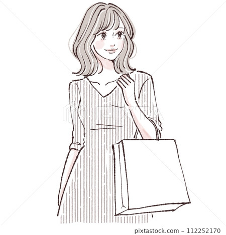 Illustration of a woman/girl doing shopping/shopping/bargain/sale/first sale/lucky bag/shop bag/ 112252170