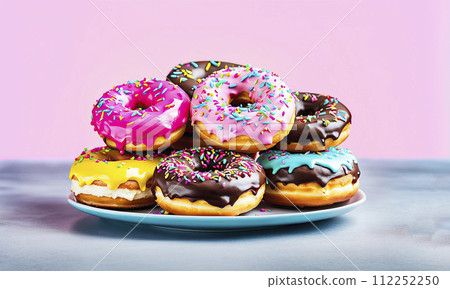 A group of various fresh donuts with pink, yellow, chocolate icing. 112252250