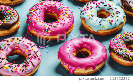A group of various fresh donuts with pink, yellow, chocolate icing. 112252252