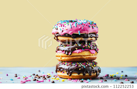 A stack of various fresh donuts with pink, yellow, chocolate icing. 112252253