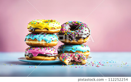 A stack of various fresh donuts with pink, yellow, chocolate icing. 112252254