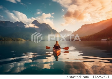 AI-generated content. calming kayaking in crystal lake with alps mountains for background ,amazing 112252421