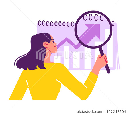 Woman stares intently at the graph and data Woman stares intently at the graph and data 112252504