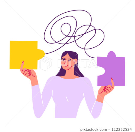 Woman thinking about how to put the puzzle together 112252524