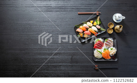 Overhead photography of sushi, sashimi, and Japanese food 112252682