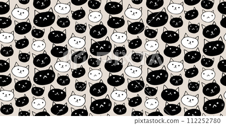 Cat faces pattern, seamless animal texture, cute vector black and white kitty background 112252780