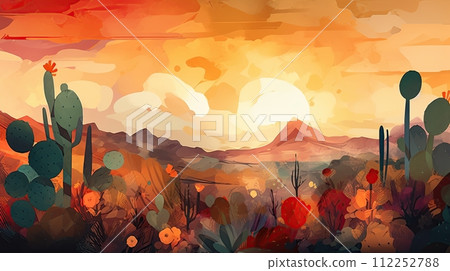 Desert landscape with cactus at sunset. Generative Ai illustration 112252788