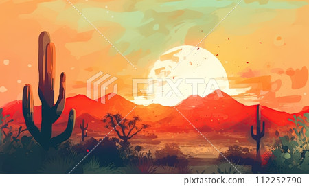 Desert landscape with cactus at sunset. Generative Ai illustration 112252790