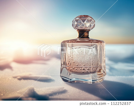 Parfume glass bottle outdoors surrounded by ice and snow. Generative Ai illustration 112252837